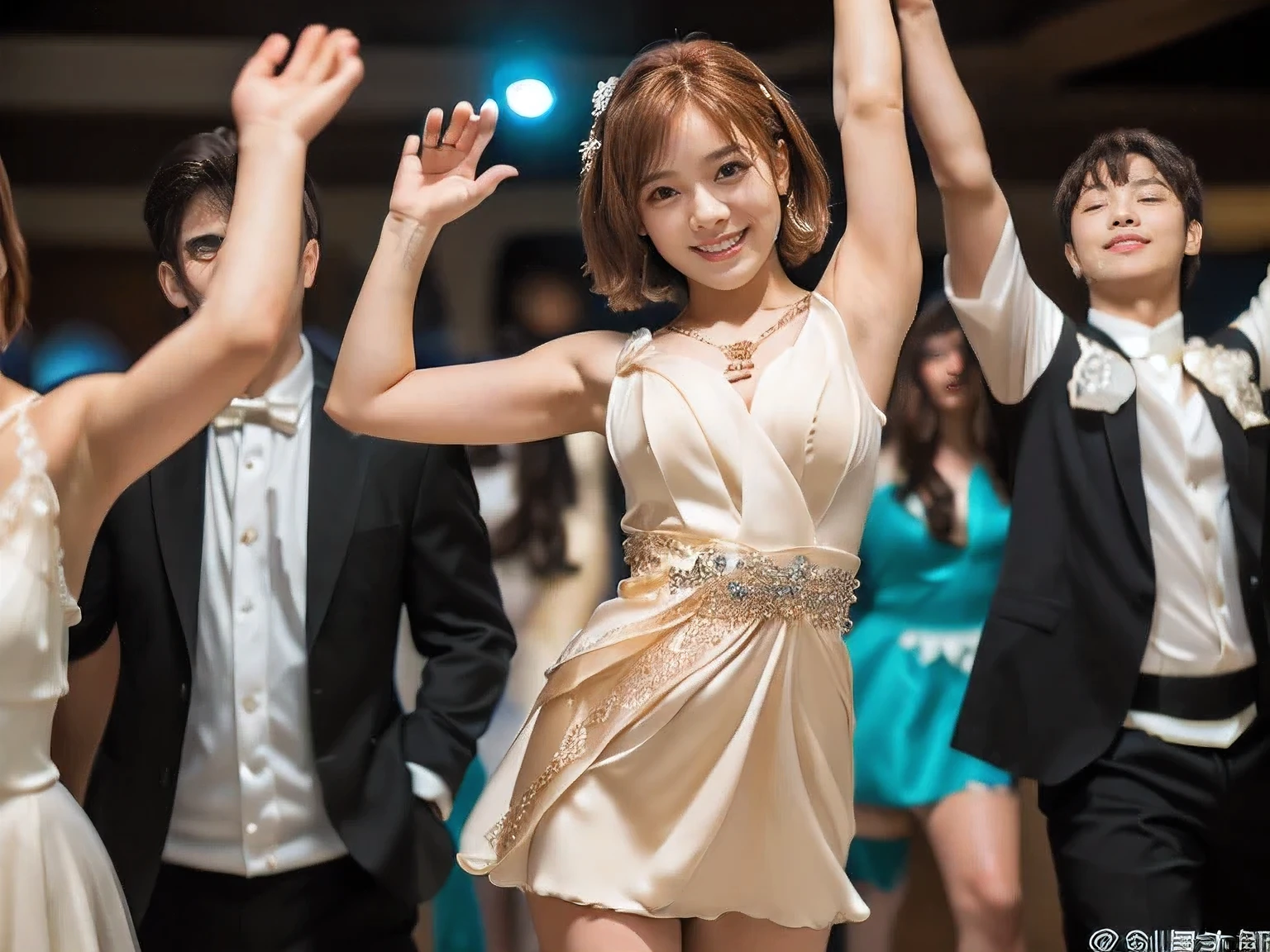 (An 18-year-old woman at a party:1.5)、(Gentle smile:1.2)、(The best quality at its best:1.4), (Super detailed), (Very detailed CG unified 16k), Beautiful woman with perfect figure: 1.4, Sharp focus: 1.2, Very detailed, High-quality RAW color photos, Professional photography, Great face and eyes, cosmetics, (Amazingly beautiful girl), ((Formal party dress:1.5)), Sexy posture,(View from below), Realistic movie faces, Full body long view from head to toe, Realistic, ((Realistic natural orange red hairstyle)), ( Short Bob Hair:1.5), (necklace:1.5)、, Very beautiful face, Perfect model beauty, Mouth swelling, Highly detailed face and skin texture, Fine grain, double eyelid, Medium chest, smile, (masterpiece), highest quality, High resolution, Very detailed, Blurred Background, Depth of written boundary, Cinema Lighting, Great legs, , Clear, well-maintained skin,((Full body shot from head to toe:1.5))