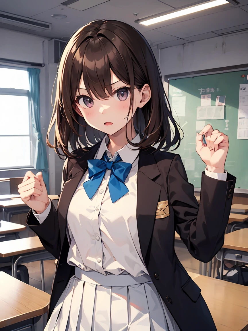 In one girl、fun、High school blazer with popular design、shirt、pleated skirt、white skirt、（small breasts）angry en clase brown hair 