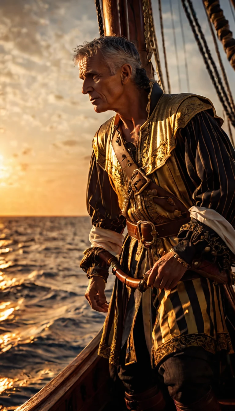 As the sun began to set, The warm golden hues of the sun illuminated his ornate attire, casting a warm glow across the area, Julius Caesar writing poetry on a pirate ship, background dark, hyper realistic, ultra detailed hyper realistic, photorealistic, Studio Lighting, reflections, dynamic pose, Cinematic, Color Grading, Photography, Shot on 50mm lens, Ultra-Wide Angle, Depth of Field, hyper-detailed, beautifully color, 8k, golden light from the front,