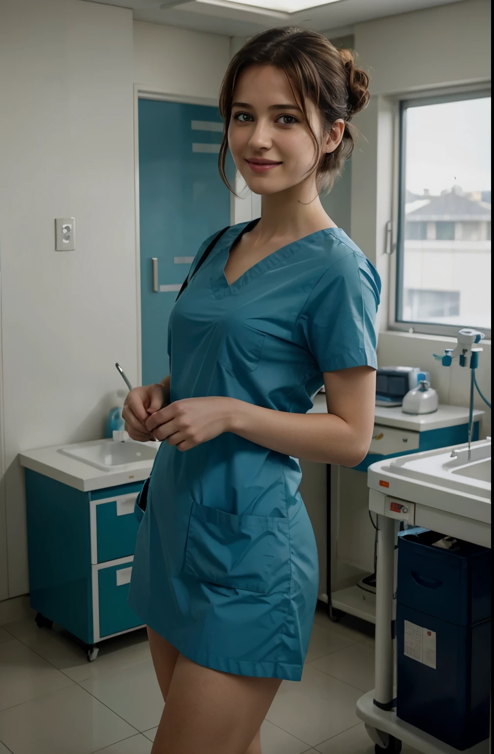A Realistic Portrait of a  teenager girl (Sophie Marceau), 16 years old, as surgical nurse, Beautiful, detailed face, detailed eyes, (realistic skin:1.3), (pale skin:1.1), (textured skin:1.3), (()), big smile, (iphone photograph),), (artificial lighting:1.3), looking at the camera, perfect slim body, amateur Photography, Photorealistic, Detailed, analog, poor quality, grainy, standing in Operation room , , (perfect small breasts:1.1) 17 years old,  standing in operation room, perfect body, pale skin, beautiful face, big smile, detailed face,  wearing ultra soft and ultra light slight dark teal women hospital scrubs, dark teal hospital scrubs, wide angle showing full body,  hospital ward, people, bokeh wearing dark-teal surgical scrubs, wide angle, showing full body, short hair tied up, hair bun, hair tied as chignon, holding black rubber-baloon in right hand
