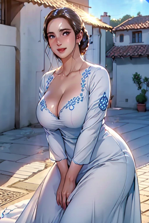 (high quality, high resolution, fine details), Practical, mediterranean town, strong sunlight, White Dress, rest (Blue embroidery:1.3), Solitary, Curvy woman, Bright Eyes, (delicate eyes), Smile, blush, Sweat, Oily skin, (((Full breasts,)))(((Large Breasts))) (((Cleavage))),Soft tones, Shallow and deep