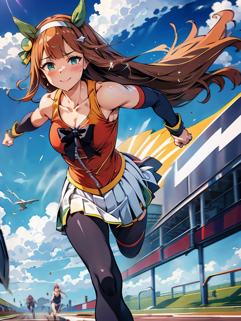 Silence Suzuka、Many daughters、shout out loud、Shout with a smile、Best image quality、High resolution、masterpiece、super high quality、Arena、Racetrack、The wind is blowing、Run、颯爽とRun、Sweaty、Very short pleated skirt、Heavy breathing、Blushing、4K quality、Black Pantyhose、Voluptuous thighs