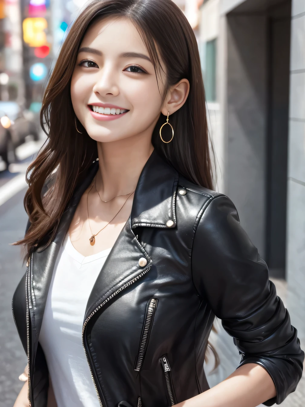Ultra-high resolution, Superior Quality, highest quality, Very detailed, Realistic, 8k, RAW Photos, highest quality, masterpiece, Attractive girl, Awesome girl, Thick black hair、Shoulder-length layers、 Japanese Idols, Sophisticated, stylish, leather jacket、shirt、smile、Beautiful teeth alignment、ear piercing、Necklace around the neck、
