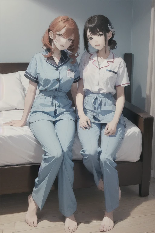 2 girls:2, Redhead, Updo, Facial hair stripes, Red eyes, mascara, skirt, Sagging under the eyes、feet, highest quality, Very detailed, The most delicate and beautiful, High resolution, (highest quality,4K,8k,masterpiece:1.2),Thighs,color、Sailor suit、uniform、skirtを捲り上げる、(skirtめくり:1)、pants、erotic、sexy、Thighs、Lesbian、Are sleeping、裸feet、Health Room、bed、病院のbed、Hospital room、Nurse uniform、Costume、Patients and nurses,Nurse uniformの女性とジャージの女性:2