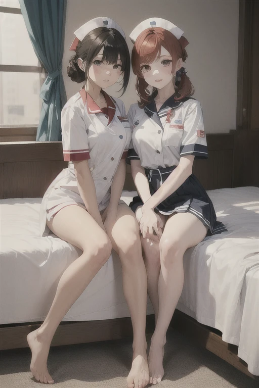 2 girls:2, Redhead, Updo, Facial hair stripes, Red eyes, mascara,  skirt, Sagging under the eyes、feet,  highest quality, Very detailed, The most delicate and beautiful, High resolution, (highest quality,4K,8k,masterpiece:1.2),Thighs,color、Sailor suit、uniform、skirtを捲り上げる、(skirtめくり:1)、pants、erotic、sexy、Thighs、Lesbian、Are sleeping、裸feet、Health Room、bed、病院のbed、Hospital room、Nurse uniform、Costume、Patients and nurses,Nurse uniformの女性とジャージの女性:2