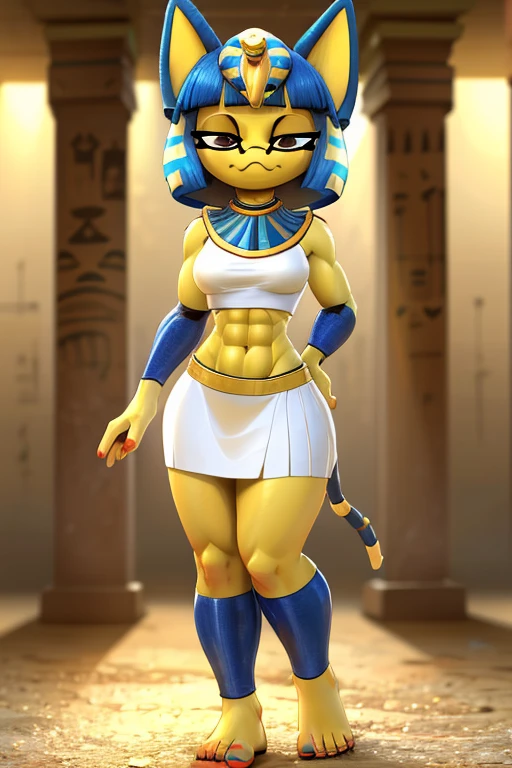 ((best quality)), ((masterpiece)), (detailed), perfect face, a digital artwork of a barefoot sexy Ankha with abs wearing a crop top of her white sleeveless dress outfit with white long skirt, a bare midriff and a bare navel, Egyptian setting, smug face,