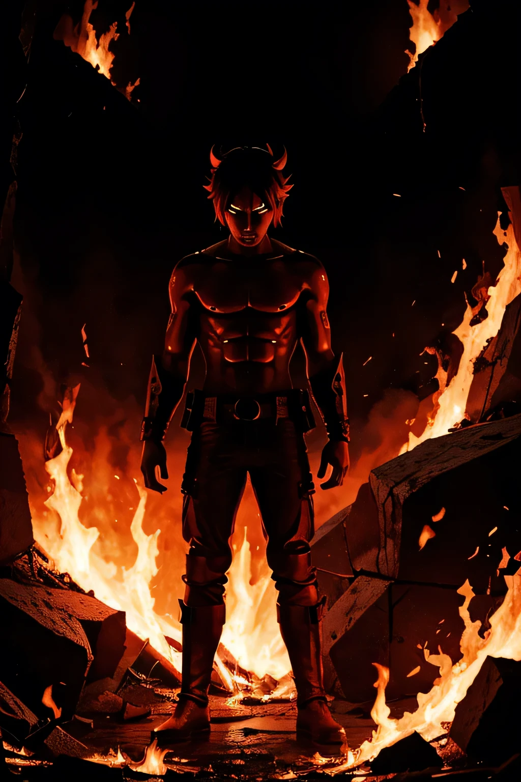 Demoic human, anime, flame background, in hell, weeping souls, 