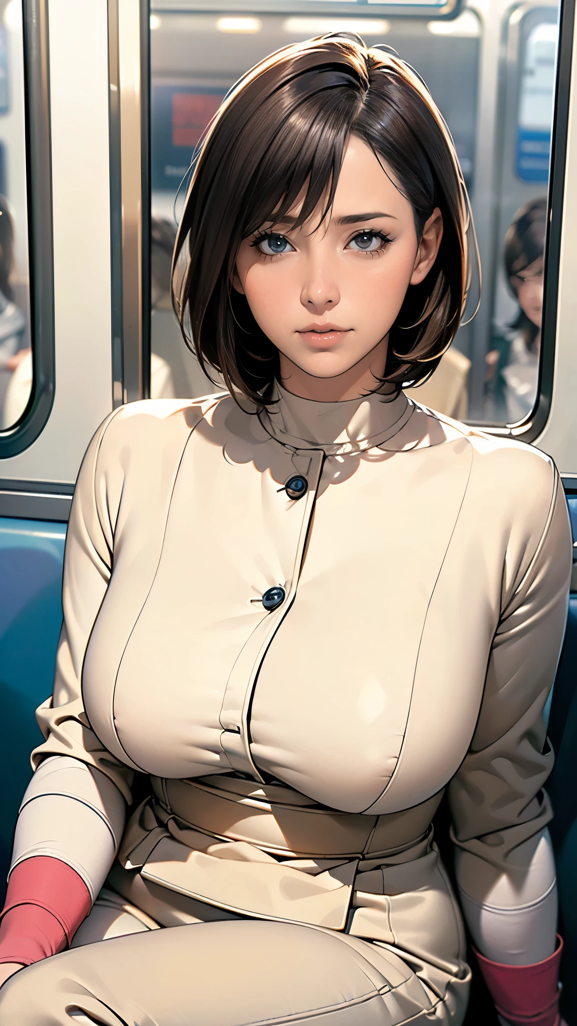 (masterpiece:1.2, highest quality), (Realistic, photoRealistic:1.4),1 female,Mature Woman,48 years old,morning,attendance at work,((Woman sitting on a train seat)),(Short Bob),(The background is a crowded train),(((Background Blur))),(Upper body close-up)