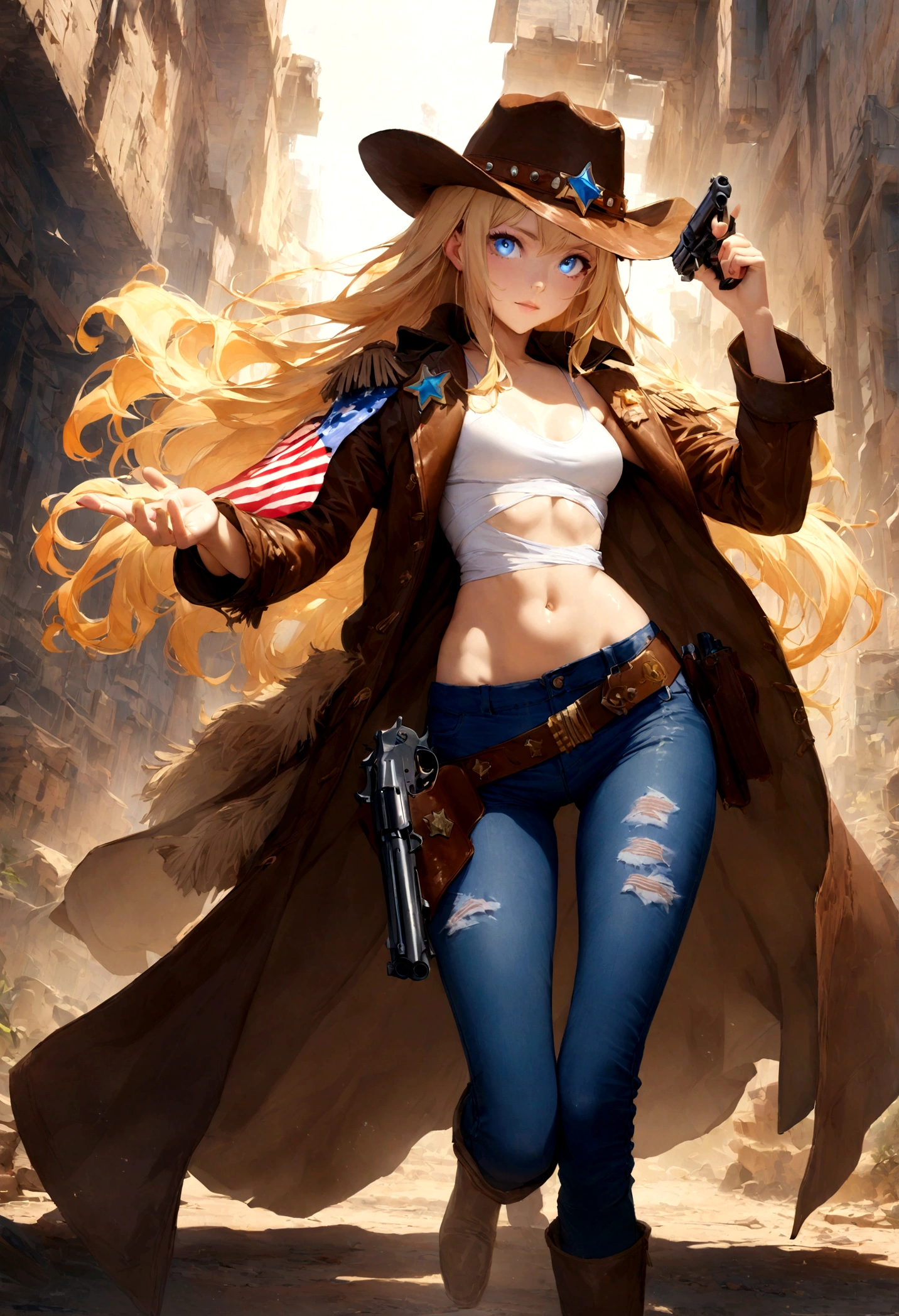 1 girl, masterpiece, macross delta splash art, best quality, white tank top, midriff, short blue jeans, small breasts, cowboy hat, gun holster on hip, highly detailed gun, realistic gun, Colt Peacemaker in hand, gun aimed forward, sheriff badge, bullets on belt, brown leather duster, leather overcoat, detailed eyes, sparkling eyes, beautiful hands, highly detailed hands, straight hands, shiny skin, shiny hair, blue eyes, light blonde hair, tall, long hair, straight hair, full body, American flag