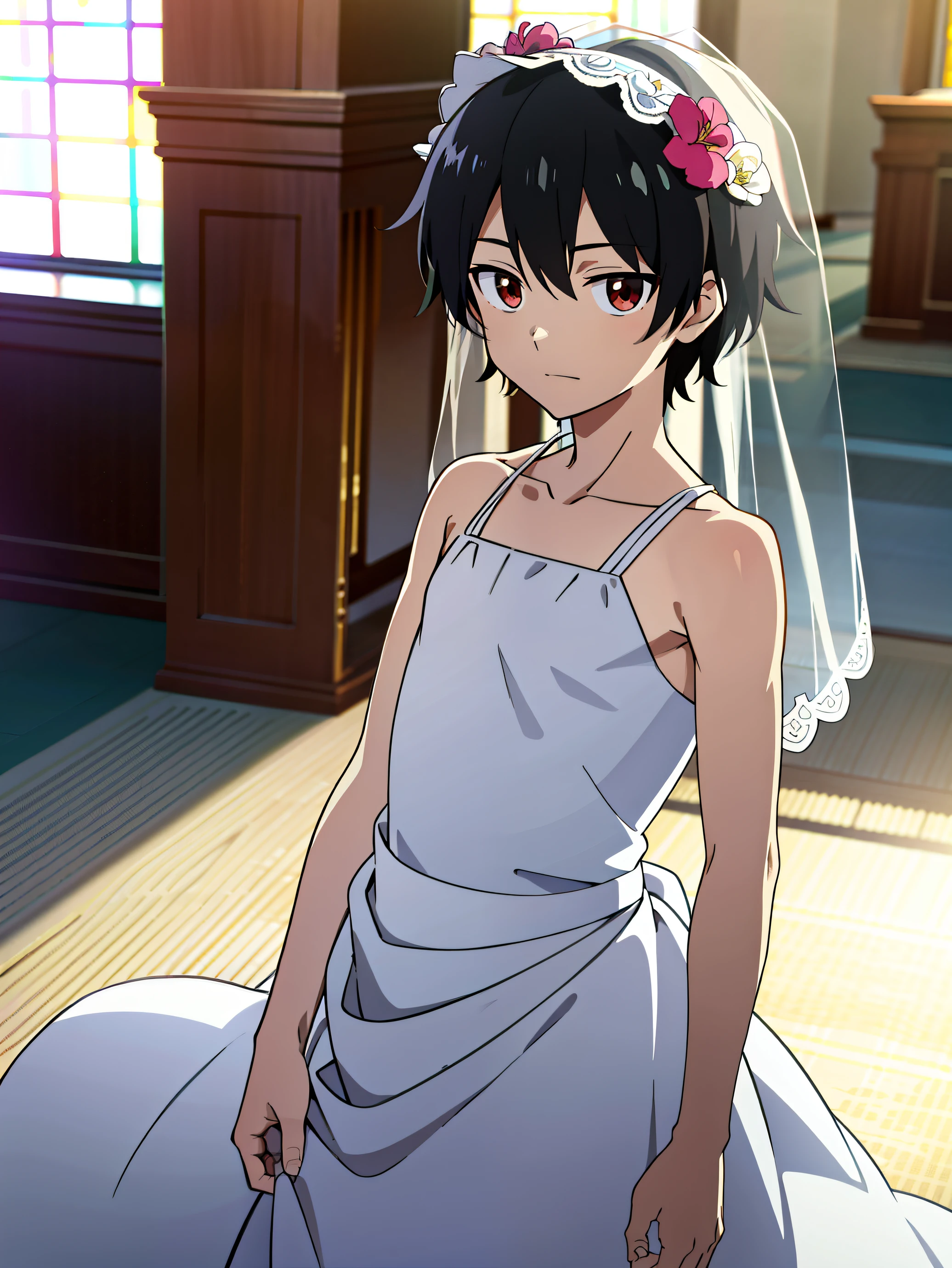 Anime style, Highres, Masterpiece, Best quality at best,High-quality illustrations, Best Quality,hight quality, hight detailed, Depth field, Anime screencap style, 1boy,Little Boy, Shota, Solo person, Inside a church, Style of wedd00ing, Halter dress, Bare shoulder, Transparent veil covering head, Flowers on head, Fluffy hair, Handsome boy, Cheerful boy, Body, Seen from front, boy focus, Uhd, 4k