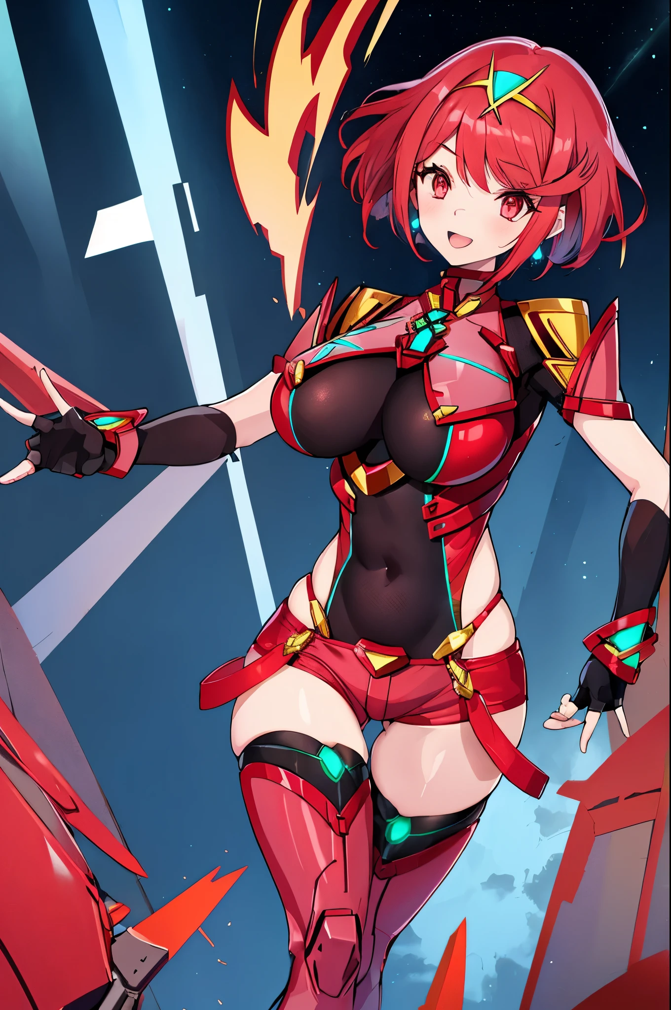 pyra \(xenoblade\), _1girl, armor, bangs, black gloves, breasts, red eyes, closed mouth, earrings, eyelashes, fingerless gloves, floating hair, framed breasts, gem, gloves, hair ornament, headpiece, jewelry, big_breasts, leaning back, leotard, neon trim, official art, pose, red hair, red shorts, saitou masatsugu, short hair, short shorts, short sleeves, shorts, sidelocks, skin tight, solo, standing, swept bangs, thighhighs, tiara, night_prairie_background, turtleneck, underbust, vambraces, xenoblade chronicles \(series\), (xenoblade chronicles 2), apart_legs, fire_effect,dynamic_pose_fighting,light_smile, (plump:1.1), big_ass,huge_sword, hold_large_sword_hilt, solo, covered_nipples, covered_pussy,open_mouth,