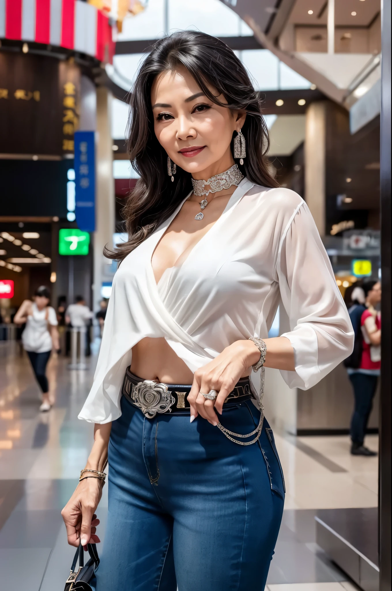 75 years old Mom MILF Chinese Lady large earring Big choker navel piercing decoration A bracelet Silver Hair realisitic Gorgeous Madame Beautiful Mature Woman sexy Smile Gentle woman navel piercing 4K High quality airport Traveler crowd Drink Mini Dress