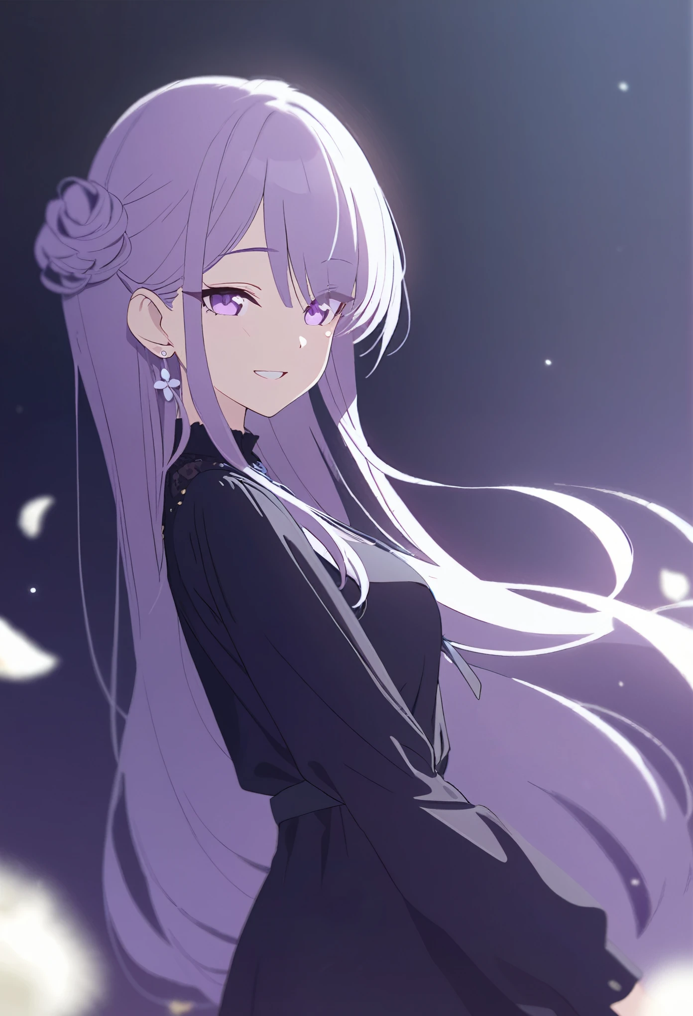 One girl、Beautiful pale violet eyes、菫色の髪のLong Hair、Long Hair、White flower earrings and hair accessories、Smiling expression、smile、Eye highlights、Black solid color dress、、Gazing at the audience、Perfect Face、Pretty girl、Navy blue solid background、Dark Background、highest quality、Masterpiece、Casual atmosphere