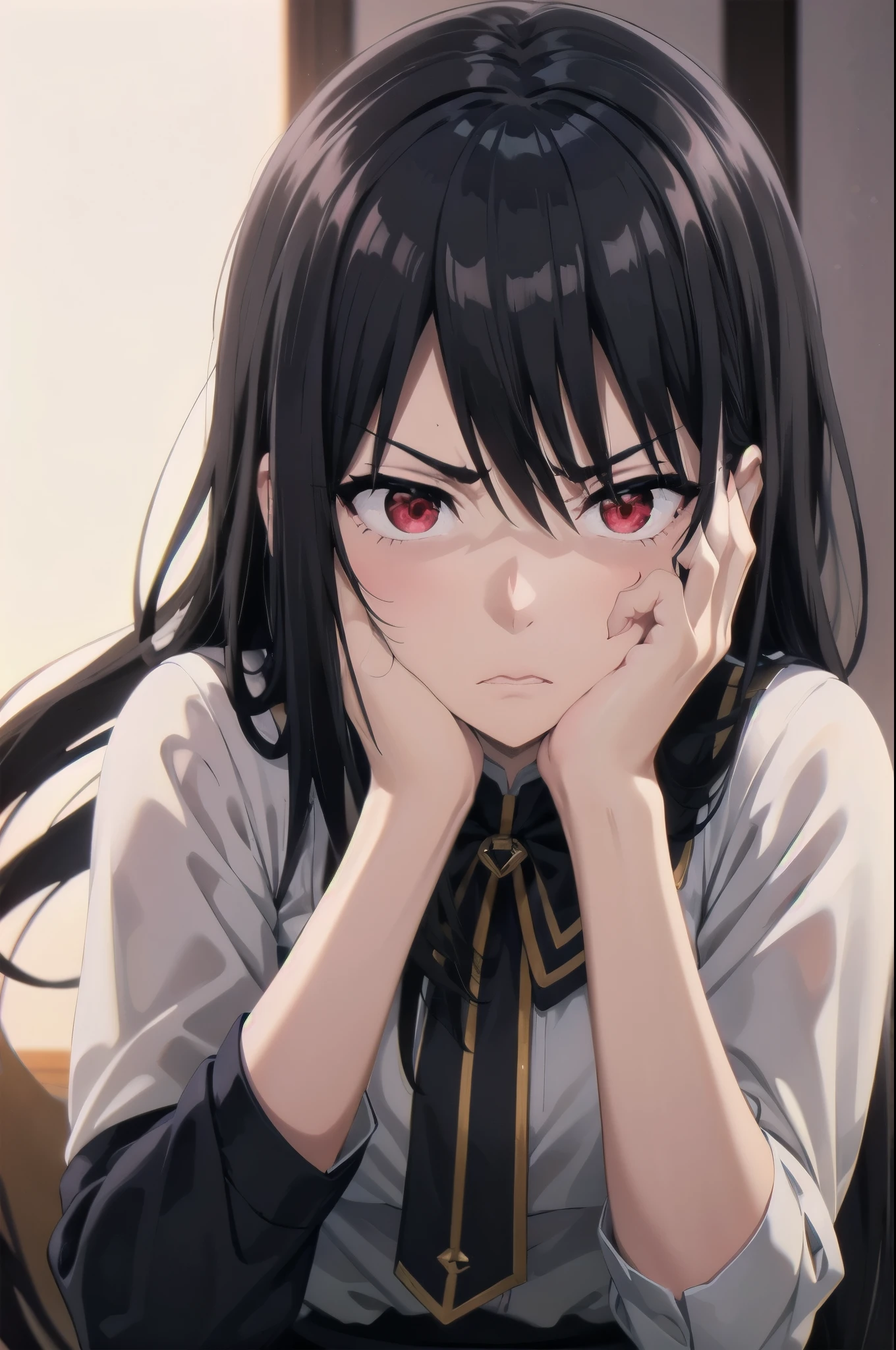 black hair, red eyes, yandere trance yandere hands on own face,hands on own cheeks,((looking disgusted)) very angry disappointed
