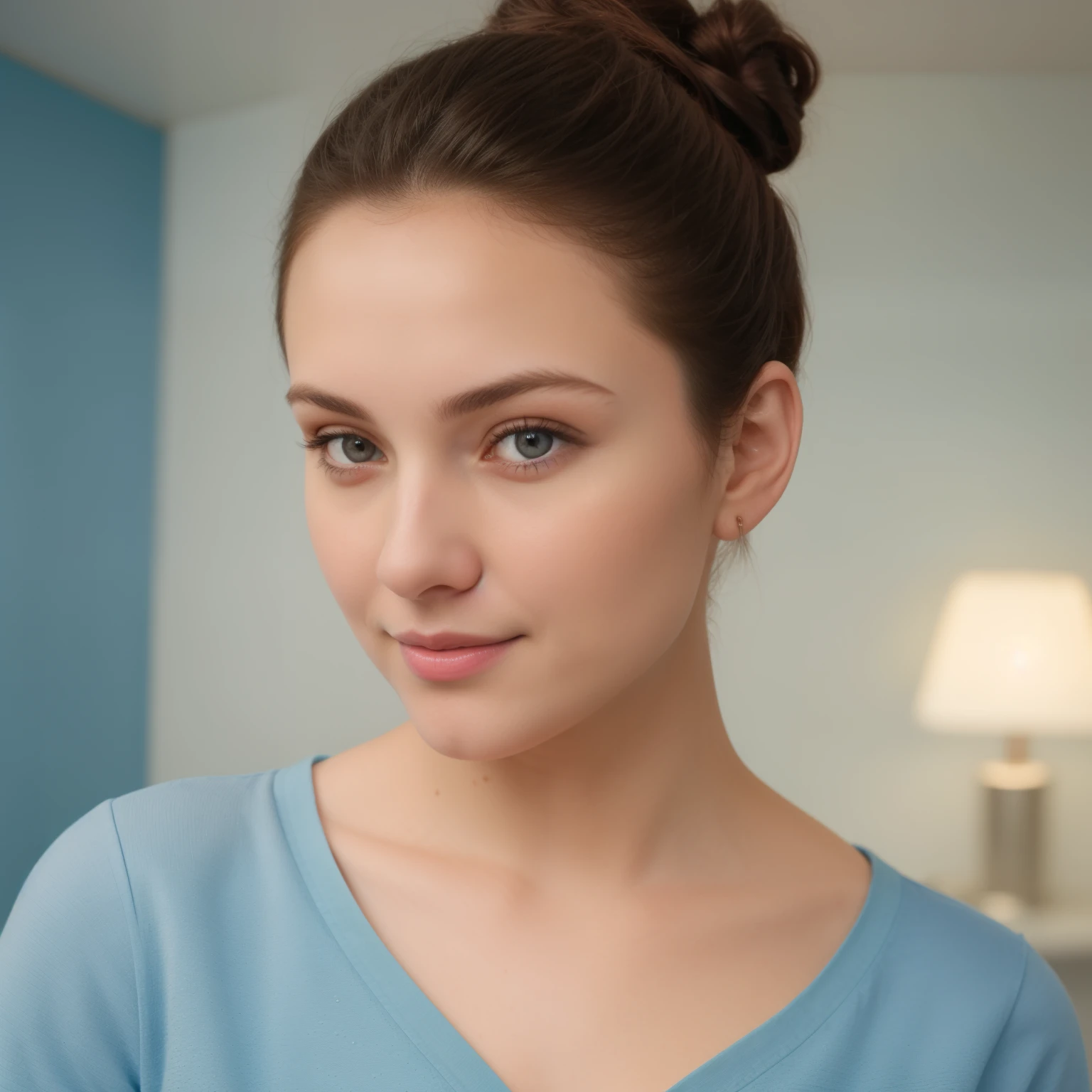 A Realistic Portrait, of a girl, 18 years old (Hayden Pannetiere)), as surgical nurse, wearing ultra soft and ultra light slight small blue women hospital scrubs, dark royal-blue, ocean blue hospital scrubs,s, standing in medical change room, schier, Vollansicht, Seitenschuss, Full body shot, , Full body closeup, Beautiful, detailed face, detailed eyes, (realistic skin:1.3), (pale skin:1.1), (textured skin:1.3), (()), big smile, (iphone photograph), , (artificial lighting:1.3), looking at the camera, perfect slim body, amateur Photography, Photorealistic, Detailed, analog, quality, grainy, , frontal wideangle, showing full body, direct front perspective, ,short hair tied up, haihair tied as chignon short hair tied up, hair bun, ed as chignon