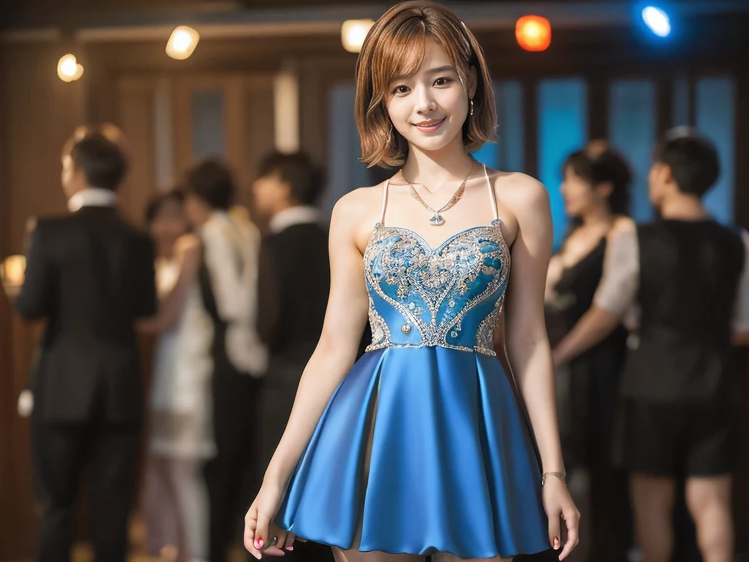 (An 18-year-old woman at a party:1.5)、(Gentle smile:1.2)、(The best quality at its best:1.4), (Super detailed), (Very detailed CG unified 16k), Beautiful woman with perfect figure: 1.4, Sharp focus: 1.2, Very detailed, High-quality RAW color photos, Professional photography, Great face and eyes, cosmetics, (Amazingly beautiful girl), ((Formal party dress:1.5)), Sexy posture,(View from below), Realistic movie faces, Full body long view from head to toe, Realistic, ((Realistic natural orange red hairstyle)), ( Short Bob Hair:1.5), (necklace:1.5)、, Very beautiful face, Perfect model beauty, Mouth swelling, Highly detailed face and skin texture, Fine grain, double eyelid, Medium chest, smile, (masterpiece), highest quality, High resolution, Very detailed, Blurred Background, Depth of written boundary, Cinema Lighting, Great legs, , Clear, well-maintained skin,((Full body shot from head to toe:1.5))
