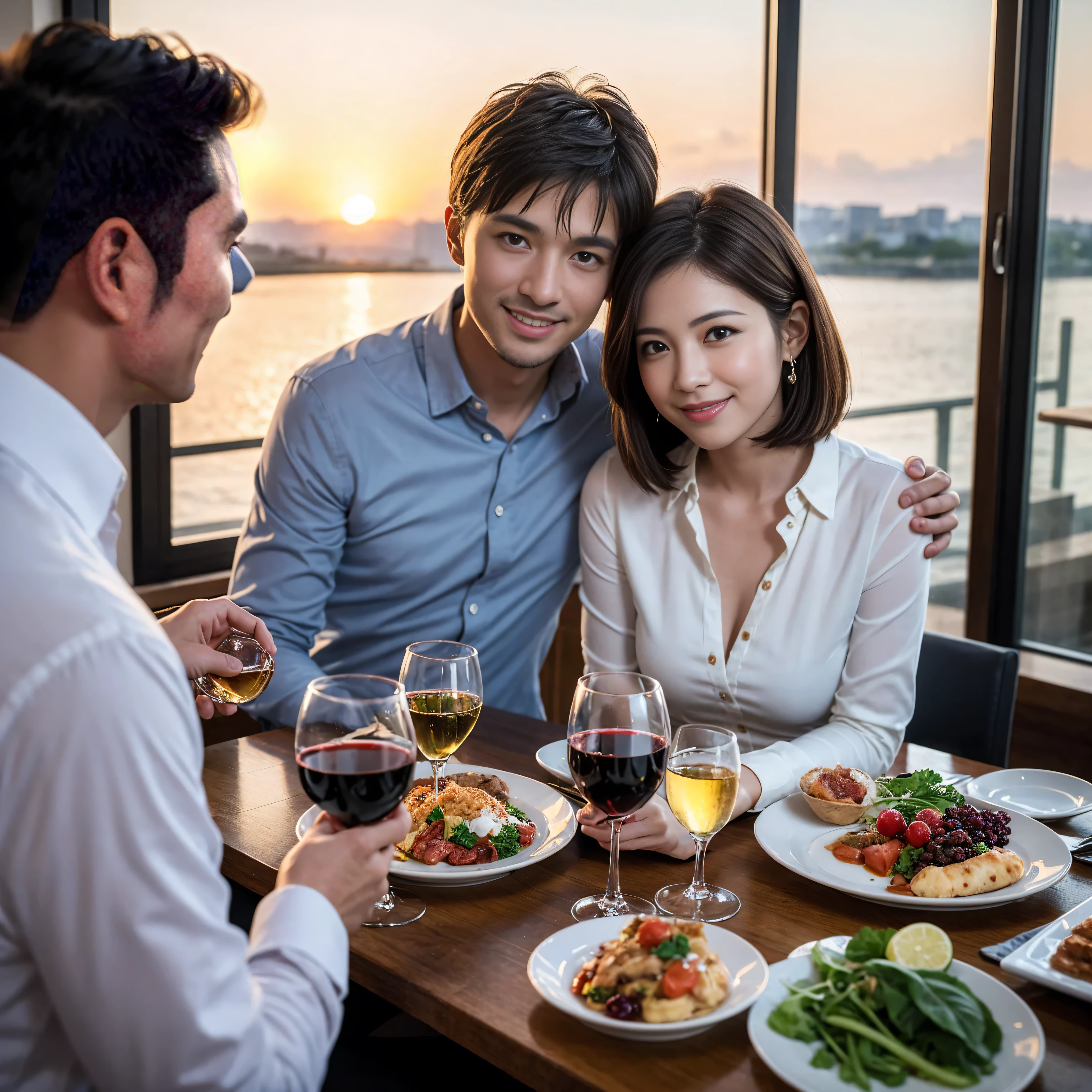 ((highest quality、8k、masterpiece:1.3))、 (Realistic, Real、Bright image、Intricate details:1.2), 1 male 1 female、Ryoko Yonekura-like beautiful couple、lover、couple、spouse、Beautiful couple、Happy smile、full-course dinner、 (Slim face), (Slim Body), (Brown Hair), (Short Hair), Wine glass on the table、Please put light on my face、 Amazing view of the sunset sky and clouds、 (Age 35), 39 years old, red wine 、Appetizers、Wine bottle、sparkling wine、Long sleeve shirt、dress、White wine, red wine, wine glass,