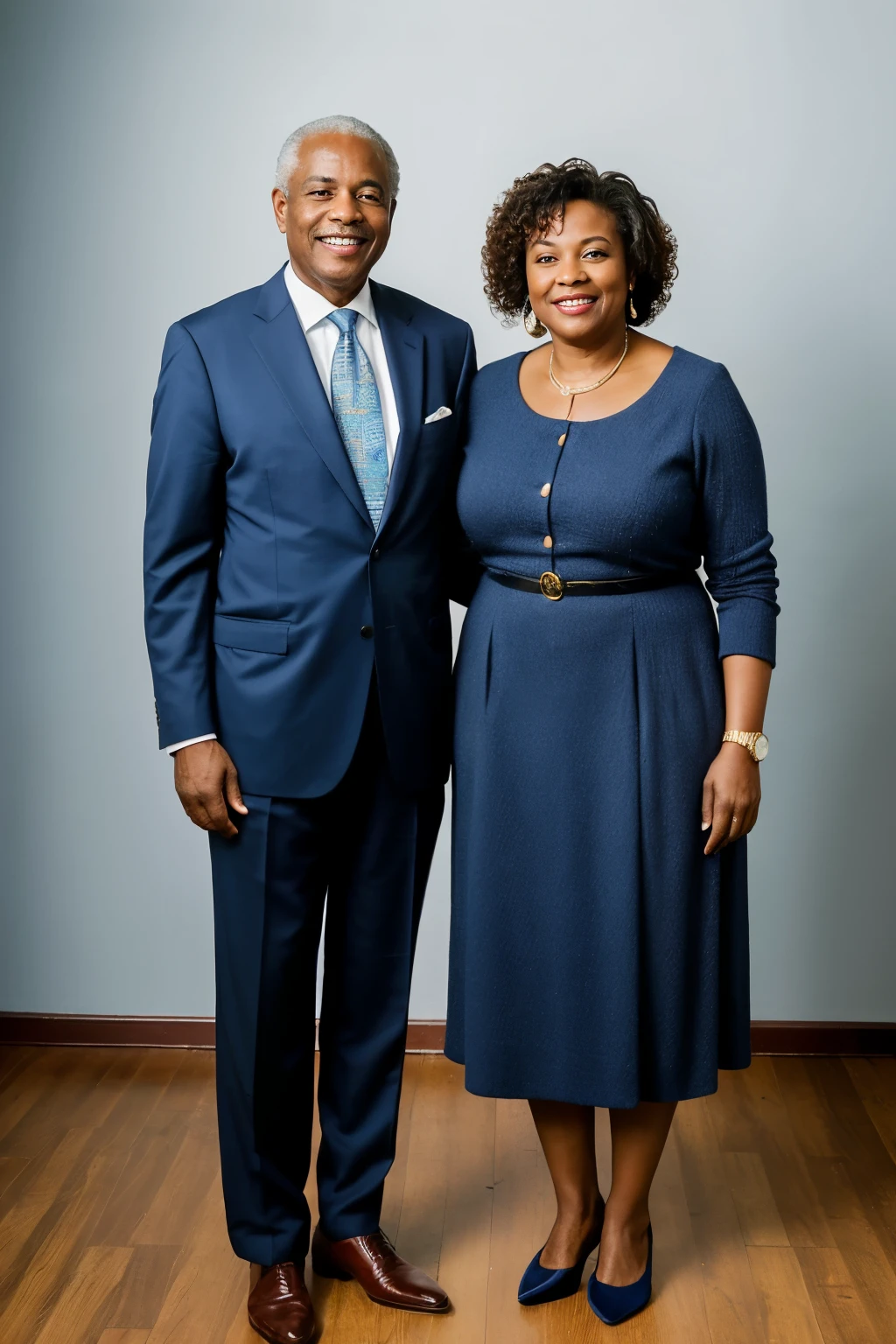((melhor qualidade)), ((Obra de arte)), (detalhado), create professional photography, full body photography of an African-American couple approximately 75 years old, executive clothing, blue color, hands, standing together, happy, showing successful posture, ultra hd, realistic photo.