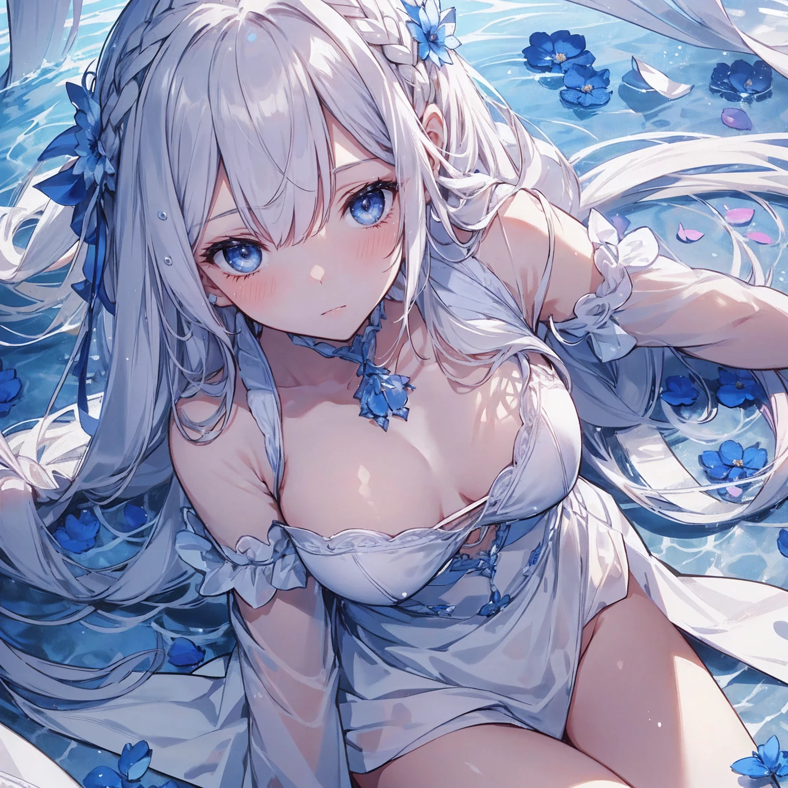 1 girl, White fluffy bikini, (((Wet))), White Room, Cinema Lighting, Hot room, Beautiful long neck, choker,relax, Raise your knees:1.5, Sleepy milky face, White micro bikini, Beautiful long thighs, Pale skin, beautiful thin face、Daytime , Detailed Hair, (Beautiful big round eyes), (The extremely complex pupil in the eye, Shining Eyes), Long eyelashes, double eyelid, Lips parted, cute, cute, ( Flat Chest), thin, (Very delicate and beautiful skin), Very detailed costume, Perfect Anatomy, Dynamic Angle, break (masterpiece, highest quality), (Ultra-high definition 8K), (Perfect design), Absurd, High resolution, ((blush)), (Ultra-fine illustrations), ((light blue Long Hair))), , Long Hair ((blush)), masterpiece, highest quality, (wonderful, Beautiful details, Blunt bangs),、(最High resolution、clear_image) highest quality、(((Transparency)))、Light and shadow contrast、Simple Background、((Soaring blue petals))、((Enlighten))、Very detailed、Semi-realistic、((Compensate)),Braided Hairstyles、Expressionless、((White shirt))、((View from above))、Delicate facial features、Facial Features、Just like the whole body、