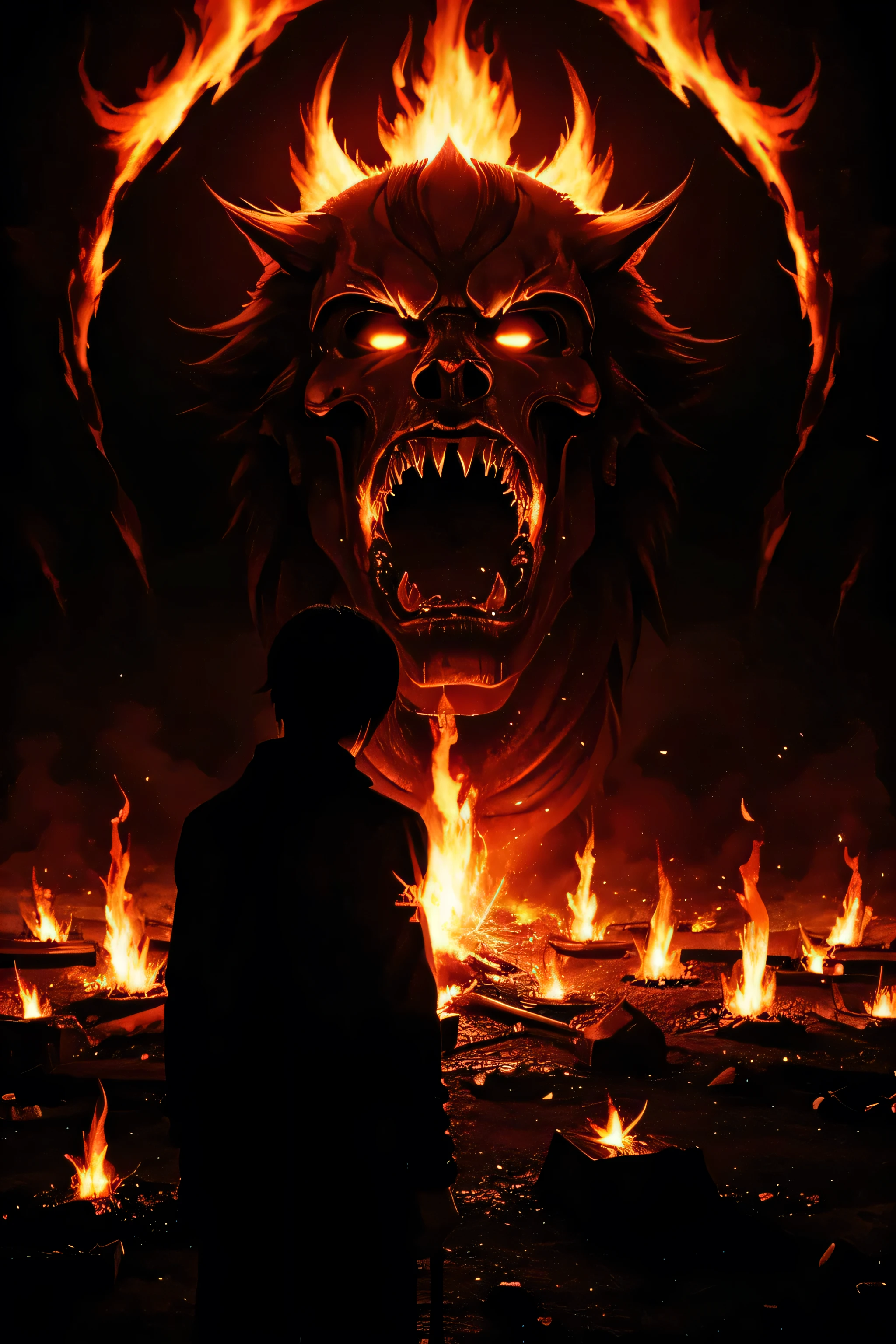 Demoic human, anime, flame background, in hell, weeping souls,