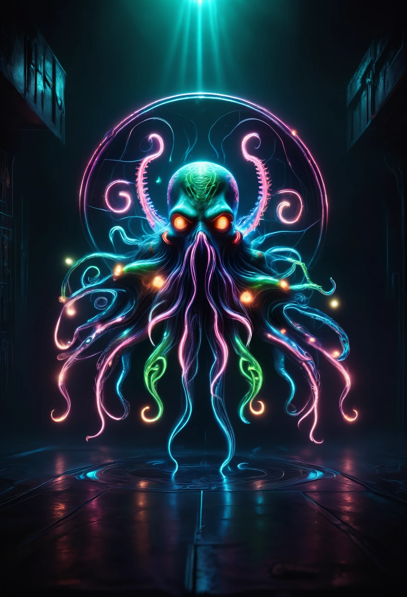 Cthulhu, Six eyes, Countless tentacles, oil painting style, neon holography transparent Cthulhu, Dignity of a last boss, overwhelming sense of intimidation., dark fantasy, elaborately painted face, 

glowing details, intricate detail rendering, 3D rendering, Octane render, breathtakingly beautiful CG