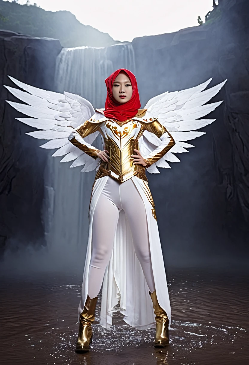 (1 Indonesia cutes teen with idol style), ((Top Quality, masterpiece: 1.3)), focusing: 1.2, Perfect body care: 1.4 , (Wearing Hijab:1.2), ((Highly detailed face and skin texture)), Extremely realistic, Ultra detailed, HD, Portrait, 8K, Dressed in white and gold with spread wide big wings, (holding single flaming gold iron swords:1.2), (wearing hijab:1.5), (full iron golden armor:1.5), ornate cosplay, as a mystical valkyrie, the sailor galaxia, beautiful, white and gold priestess robes, anime cosplay, glamourous cosplay, with fiery golden wings, ((full iron trousers armor)), cosplay, professional cosplay, goddess of light, full body angel, cosplayer, perfect makeup, perfect face, beautiful face, beautiful body, arms covered with cloth, thighs covered with cloth, waterfall background, ((body object floating flying in the air:1.2)), foggy, fantasy weather, lightning strikes on either side, dramatic sttudio lighting, The atmosphere looks real, Full body shot, Front angle, ultra realistic, Professional、beautiful detail glow、Depth of bounds written、(((High chroma)))、(((real:1.9)))、((vivid:1.4))、((beautiful skin))、((skin texture))、((Real skin feel))、(((cowboy shot:1.5)))、((Angle seen from the front:1.5)), Front angle shot,