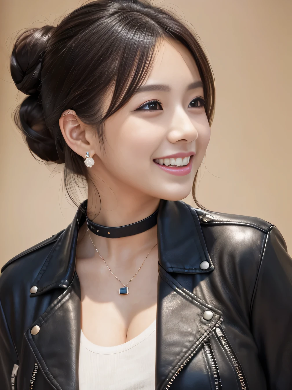 Ultra-high resolution, Superior Quality, highest quality, Very detailed, Realistic, 8k, RAW Photos, highest quality, masterpiece, Attractive girl, Awesome girl, Thick black hair、Hairstyle bun、 Japanese Idols, Sophisticated, stylish, leather jacket、shirt、smile、Beautiful teeth alignment、ear piercing、Necklace around the neck、
