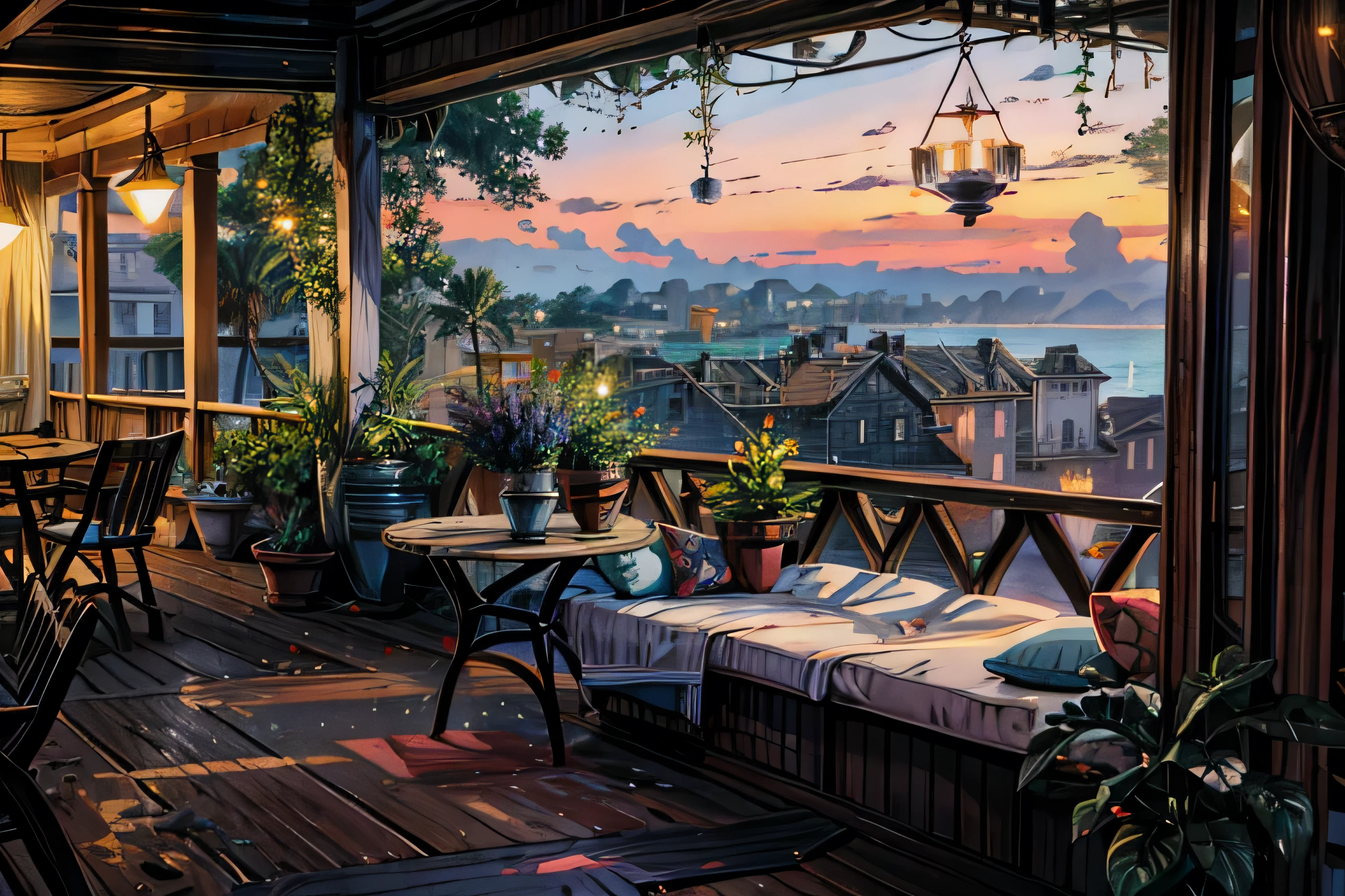 A painting of a balcony with a view of the ocean, by Evgeny Lushpin, by Terry Redlin, beautiful terrace, by Pamela Ascherson, ( ( thomas kinkade ) ), by Guido Borelli da Caluso, inspired by Evgeny Lushpin, kinkade. award winning, john stephens, by Ruth Sanderson, by thomas kinkade, beautiful calm lofi vibe, monstera plant, hanging lights  , 4k hd, cloud,big window,open balcony,beautiful art uhd 4 k, a beautiful artwork illustration, beautiful digital painting, highly detailed digital painting, beautiful digital artwork, detailed painting 4 k, very detailed digital painting, rich picturesque colors, gorgeous digital painting