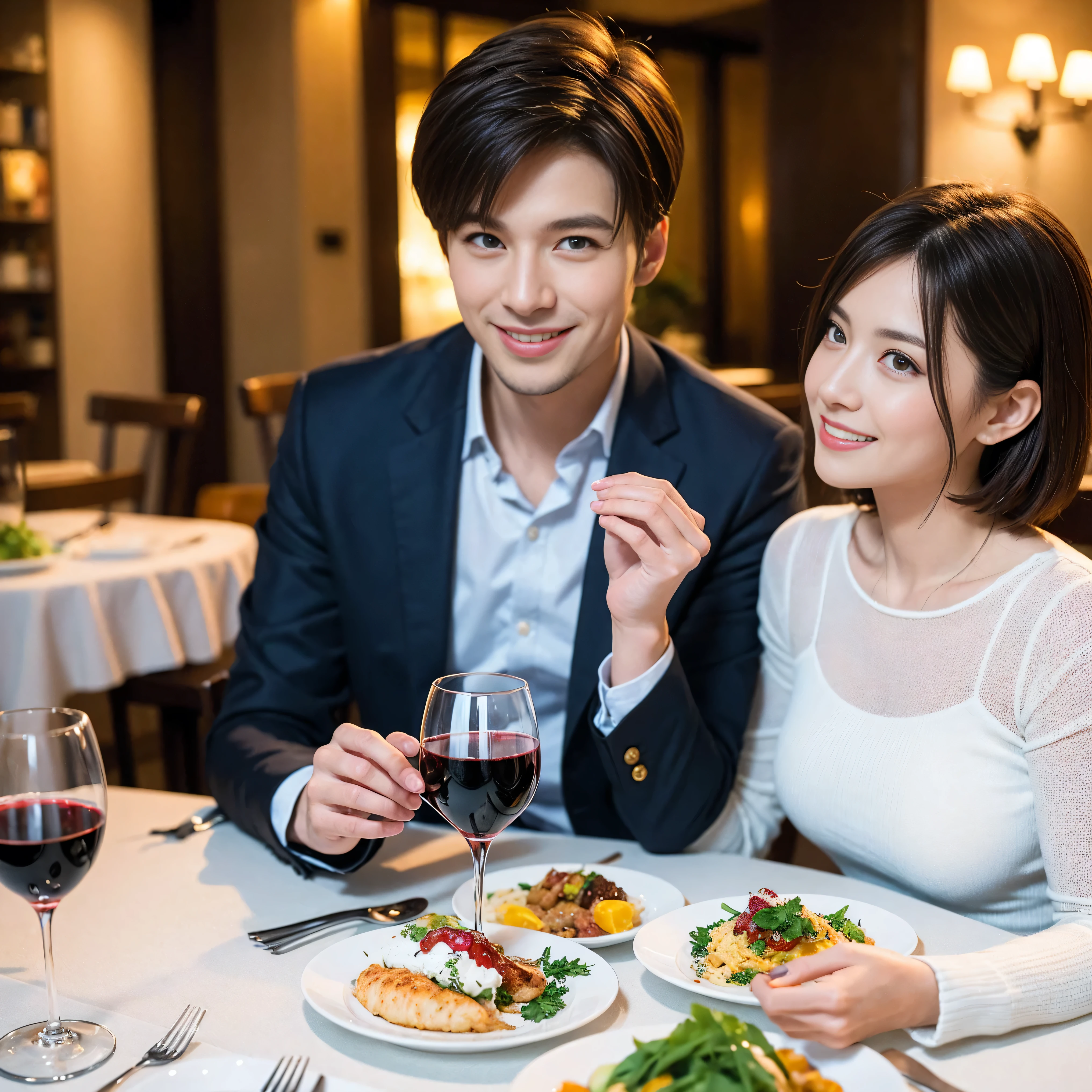 ((highest quality、8k、masterpiece:1.3))、 (Realistic, Real、Bright image、Intricate details:1.2), 1 male 1 female、Kimura Fumino-like beautiful couple、lover、couple、spouse、Beautiful couple、Happy smile、full-course dinner、 (Slim face), (Slim Body), (Brown Hair), (Short Hair), Wine glass on the table、Please put light on my face、 Amazing view of the sunset sky and clouds、 (Age 35), 39 years old, red wine 、Appetizers、Wine bottle、sparkling wine、Long sleeve shirt、dress、White wine, red wine, wine glass,