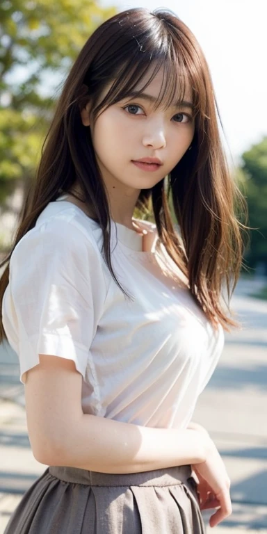 (RAW Photos, highest quality), (Realistic, Photorealistic:1.3), Tabletop, Very delicate and beautiful, Soft Light, (Brown Hair, Long wavy hair swaying in the wind, Asymmetrical bangs), Beautiful detailed girl, (Detailed fingers), Highly detailed eyes and face, Beautifully detailed nose, Beautiful fine details, 1 girl, Japanese, Pure beauty, cute, young, smile, Silk collar shirt, skirt, (Half Body:1.3), (Large breasts that cannot be hidden even with clothes、Sagging breasts that are obvious even when wearing clothes), Realistic face, Realistic body, Outdoor