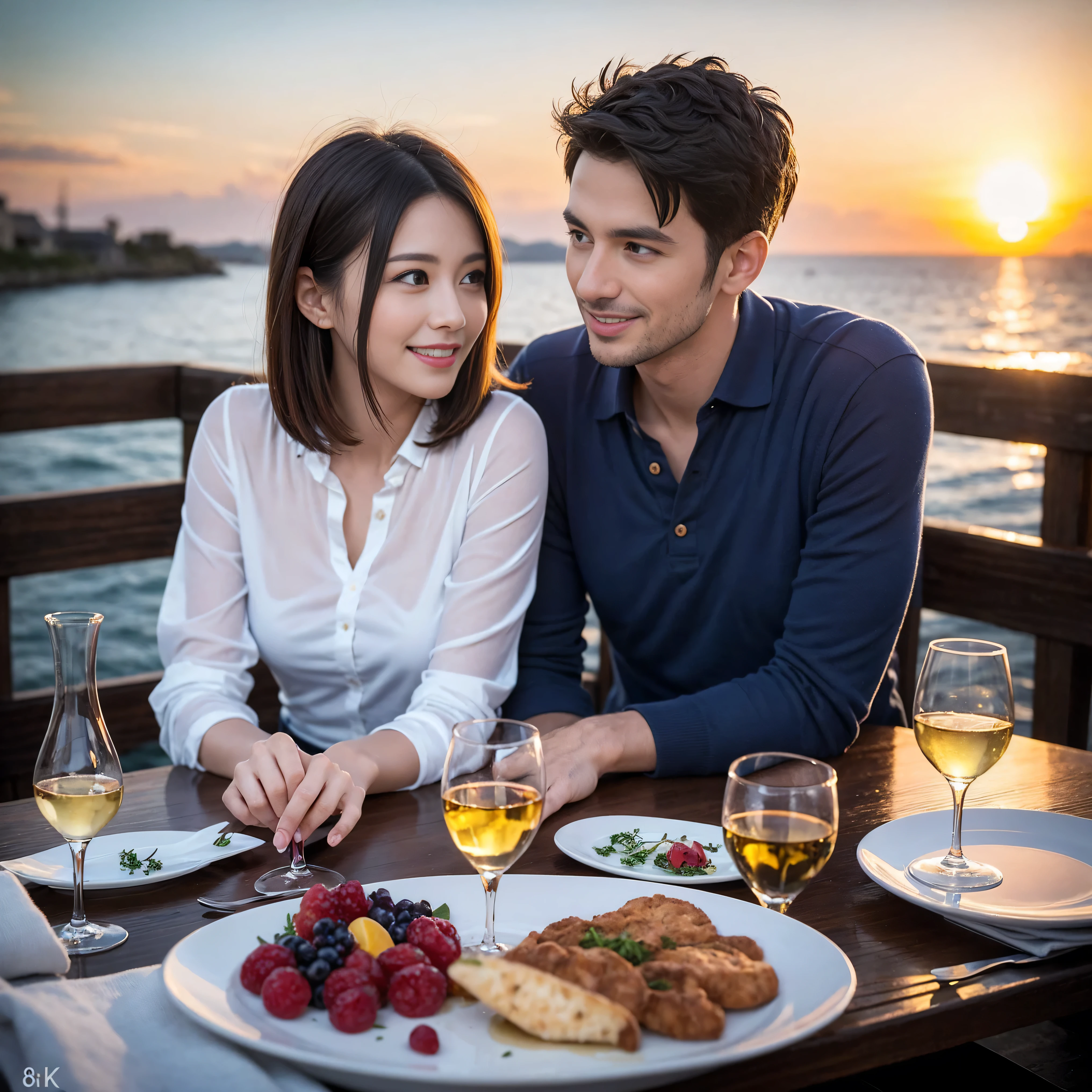 ((highest quality、8k、masterpiece:1.3))、 (Realistic, Real、Bright image、Intricate details:1.2), 1 male 1 female、Kimura Fumino-like beautiful couple、lover、couple、spouse、Beautiful couple、Happy smile、full-course dinner、 (Slim face), (Slim Body), (Brown Hair), (Short Hair), Wine glass on the table、Please put light on my face、 Amazing view of the sunset sky and clouds、 (Age 35), 39 years old, red wine 、Appetizers、Wine bottle、sparkling wine、Long sleeve shirt、dress、White wine, red wine, wine glass, 