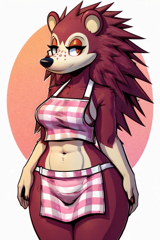 a digital artwork of sable wearing a crop top of her pink apron with a bare navel and a bare midriff , ((digital artwork)), ((best quality)), (((masterpiece))), (trending on artstation)