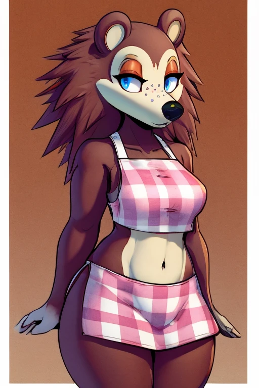 a digital artwork of sable wearing a crop top of her pink apron with a bare navel and a bare midriff , ((digital artwork)), ((best quality)), (((masterpiece))), (trending on artstation)