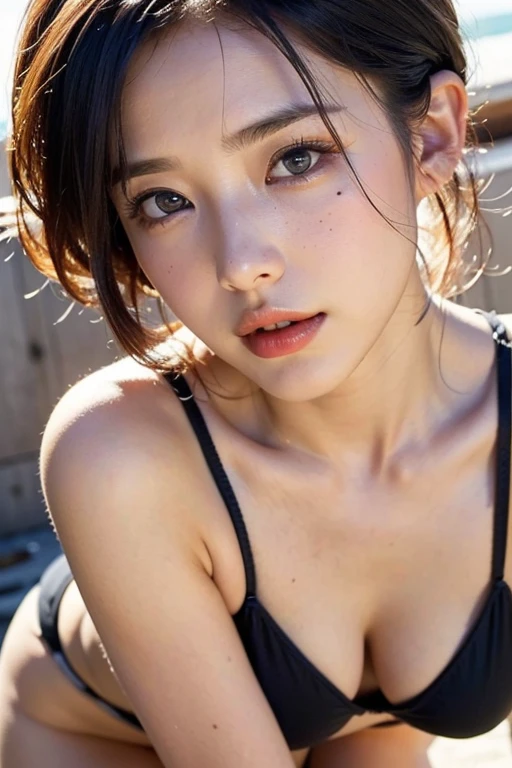 ((8k, highest quality, masterpiece、Realistic、Ultra-high resolution))、((Japanese women))、((Black Short Hair))、(Small breasts)、(((Eye corners are((one))mole)))、((Face is golden ratio))、Beautiful Face、Beautiful Eyes、Delicate body、Gorgeous body、Beautiful face、(Hair tucked behind both ears)、Beautiful nose、Black Bikini、On all fours、Beautiful face