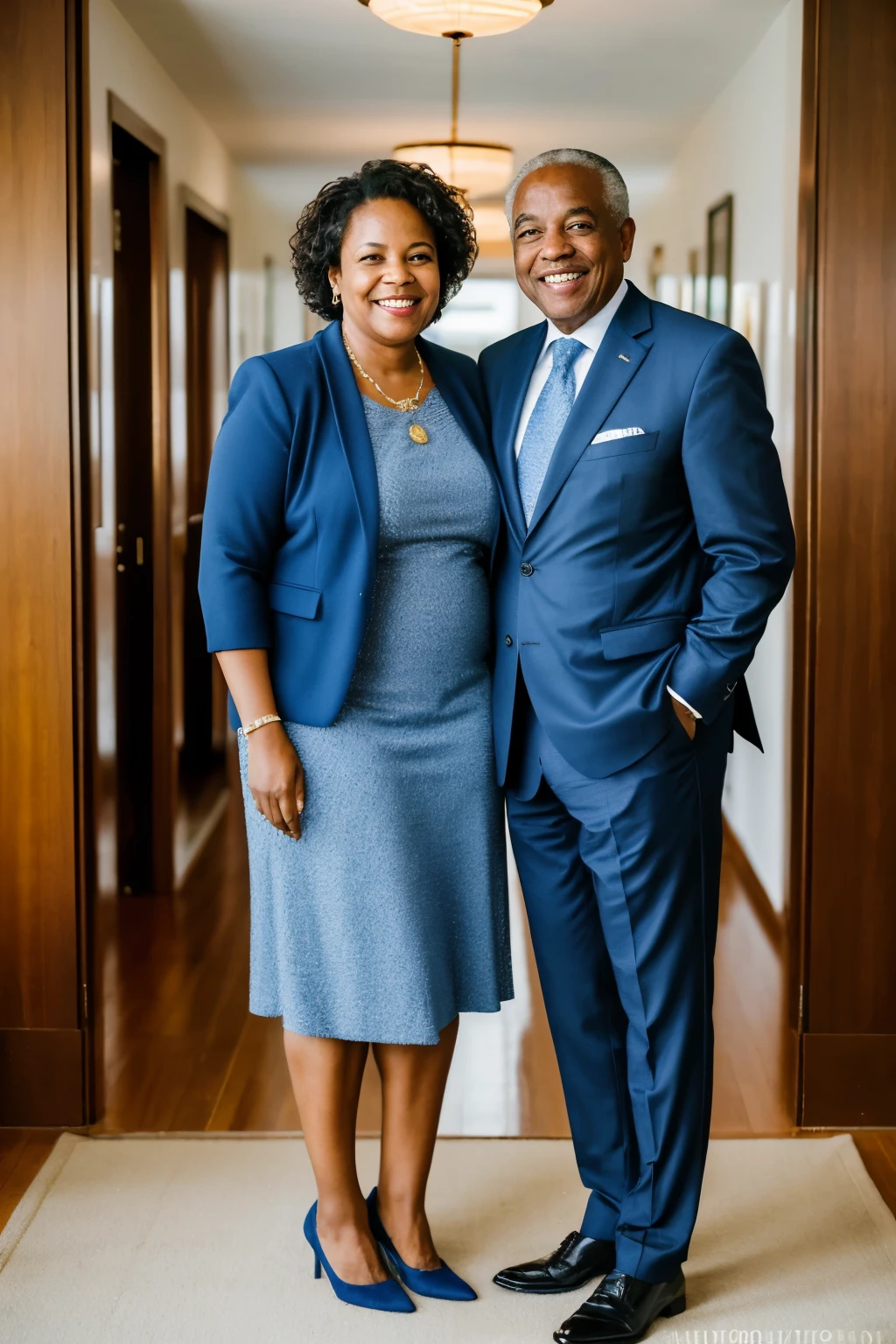 ((melhor qualidade)), ((Obra de arte)), (detalhado), create professional photography, full body photography of an African-American couple approximately 75 years old, executive clothing, blue color, hands, standing together, happy, showing successful posture, ultra hd, realistic photo.
