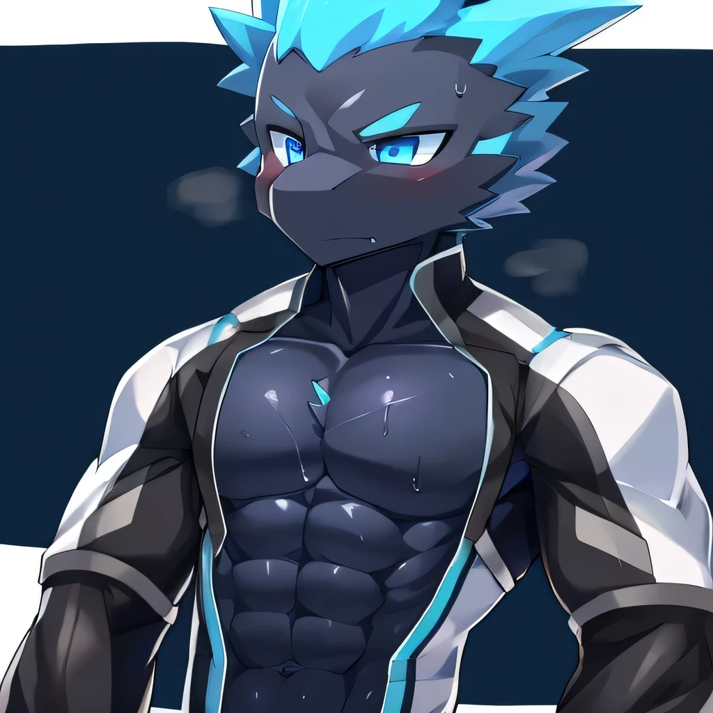 Thin macho western black dragon abs Hollow abs body suit thick arms chest rig 、sweaty skin glow profile Wearily short of breath Chemo shota Thick chest have a blue eyes Tired look Glowing abs Deep abdominals jacket profile