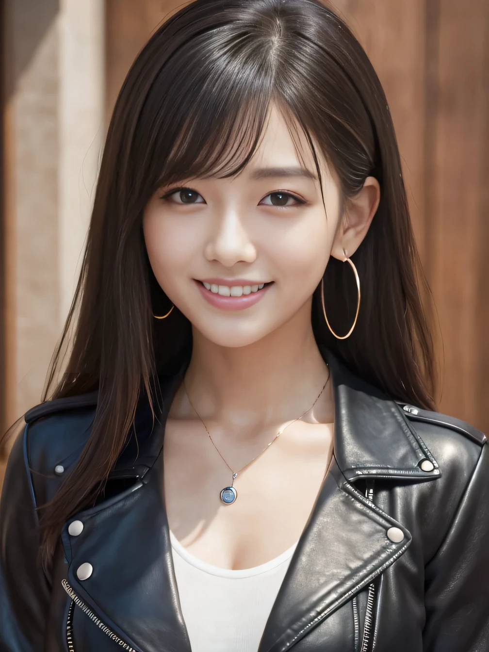 Ultra-high resolution, Superior Quality, highest quality, Very detailed, Realistic, 8k, RAW Photos, highest quality, masterpiece, Attractive girl, Awesome girl, Thick black hair、Shoulder-length layers、 Japanese Idols, Sophisticated, stylish, leather jacket、shirt、smile、Beautiful teeth alignment、ear piercing、Necklace around the neck、