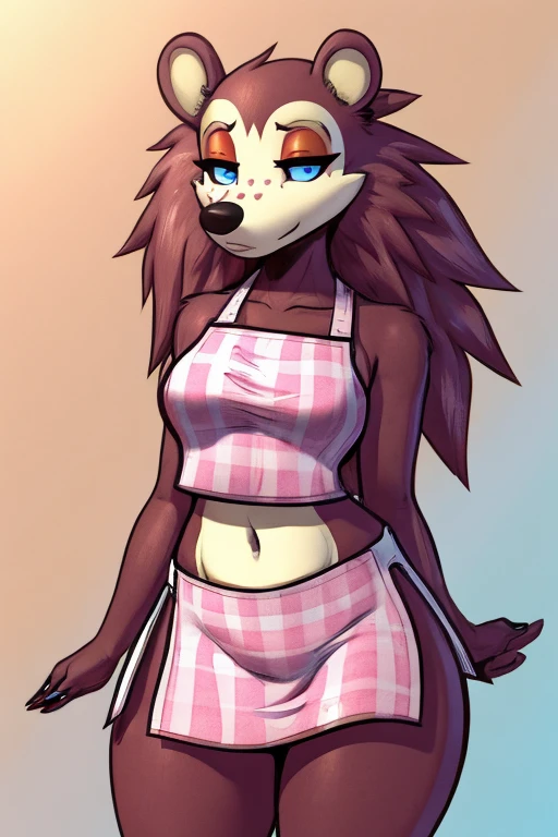 a digital artwork of sable wearing a crop top of her pink apron with a bare navel and a bare midriff , ((digital artwork)), ((best quality)), (((masterpiece))), (trending on artstation)