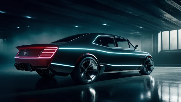 1960s luxury sedan, rear view, futuristic fantasy, epic sci-fi scene, intricate detailed design, glossy metallic body, glistening chrome accents, dramatic lighting, moody atmosphere, cinematic composition, photorealistic rendering, masterpiece, (best quality,8k,highres,masterpiece:1.2),ultra-detailed,(realistic,photorealistic,photo-realistic:1.37),cinematic lighting,dramatic shadows,volumetric fog,glowing energy field,gleaming chrome,aerodynamic body,intricate details,sleek and stylish