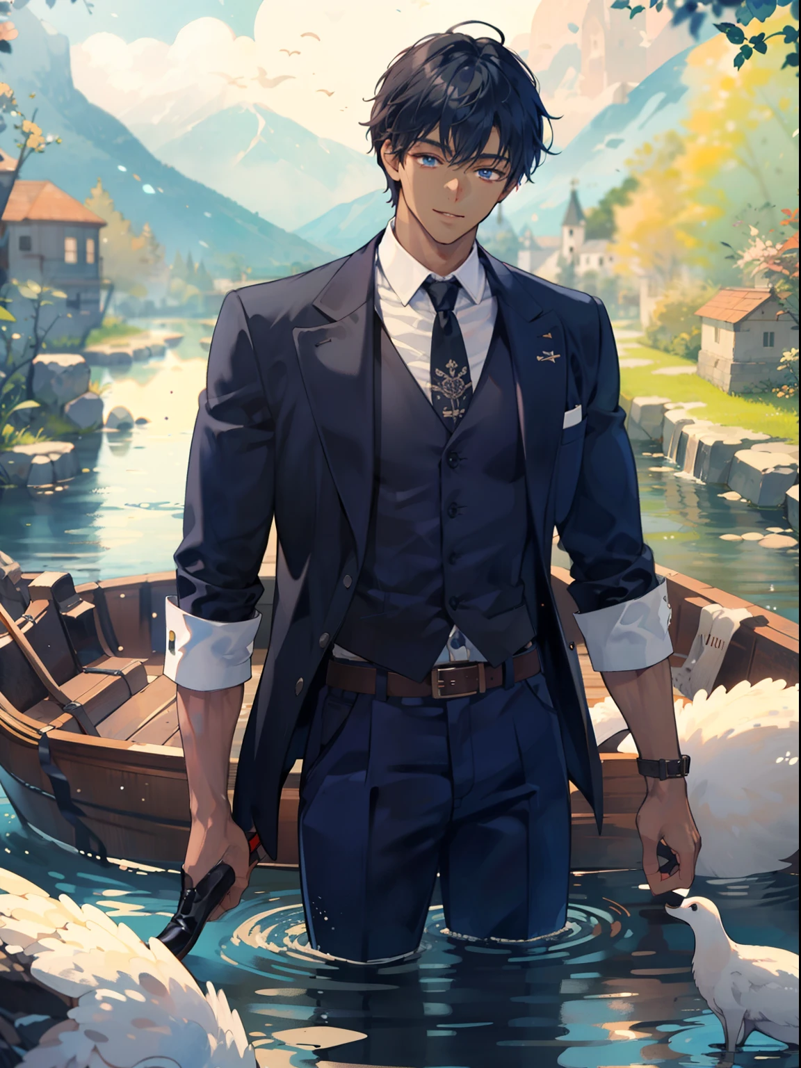 dark-skinned man, tall and muscular build, 28 years old, clean and gentleman-like attire, dandy, 14th century dark blue costume, brown leather belt with Damascus steel buckle, rowing a boat in a river, black hair, beautiful blue eyes, gentle smile, handsome, Anime Style, Clean small surfaces, highest quality、Ultra - High Resolution、Detailed CG、8k unit wallpaper、