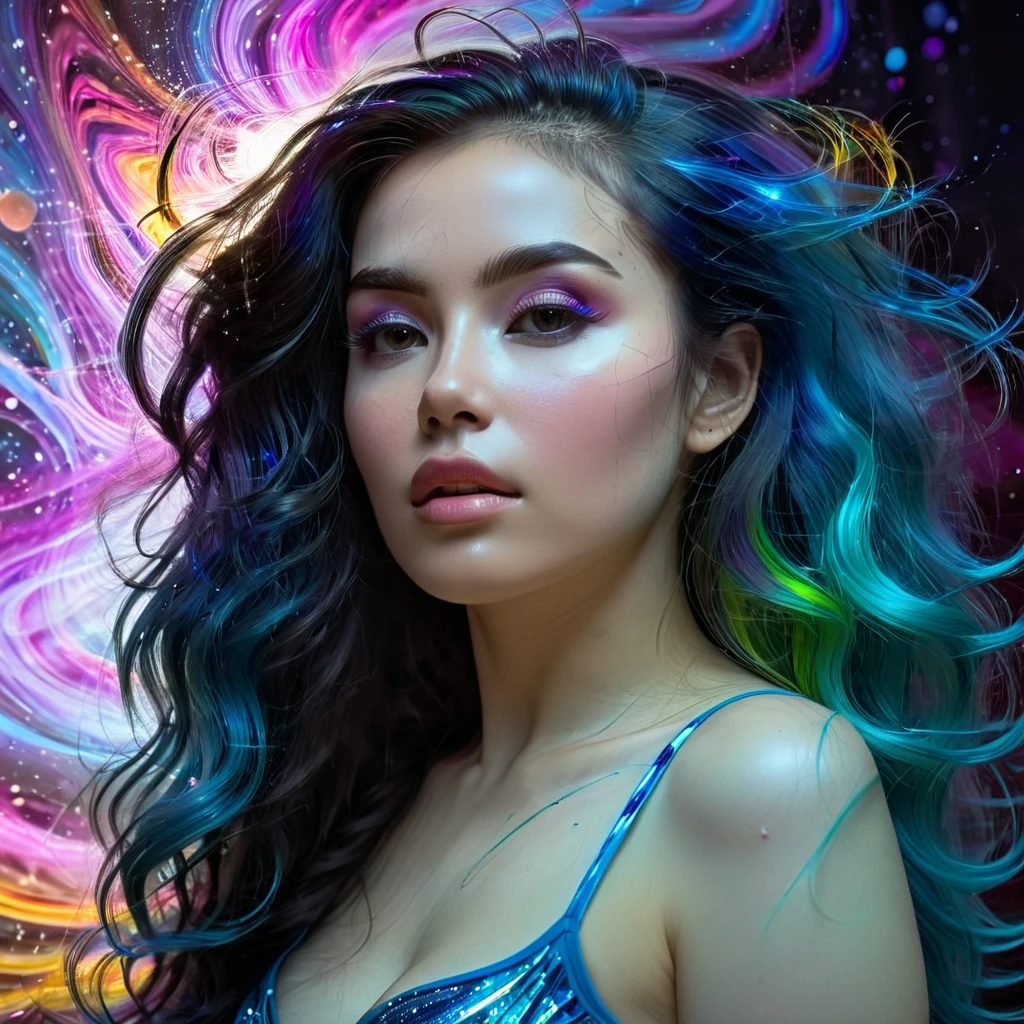 1girl, bioluminescent, over make up, glorious shiny face, attractive, hand on chin, astral vignette, long hair, swirl hair, provocative pose, side views, multi-color hair, epicRealism, UHD, 8k, super detailed