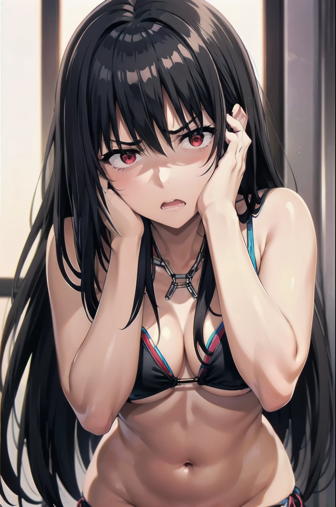 black hair, red eyes, yandere trance yandere hands on own face,hands on own cheeks,((looking disgusted)) very angry disappointed,(((bikini)))