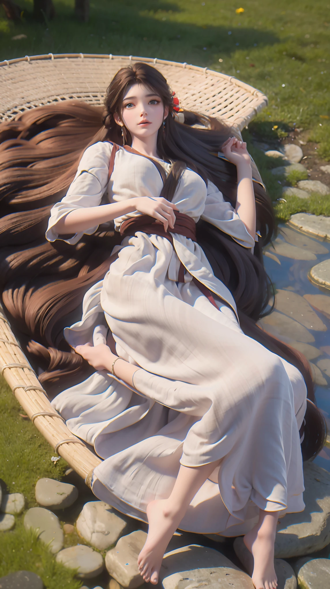 A girl lying on the bed under the stars, delicate smile, beautiful delicate eyes, beautiful delicate lips, extremely delicate face and eyes, long eyelashes, sexy body, flowing hair, best picture quality, famous works, ultra high resolution, (realistic :1.4), RAW photos, (Beautiful face :1.2), (Lying on the water :1.5), 1 girl, (Surreal), (8K), (4K), physical rendering, starry sky, ((full body shot)), barefoot, cross-legged, wearing a dress, long skirt