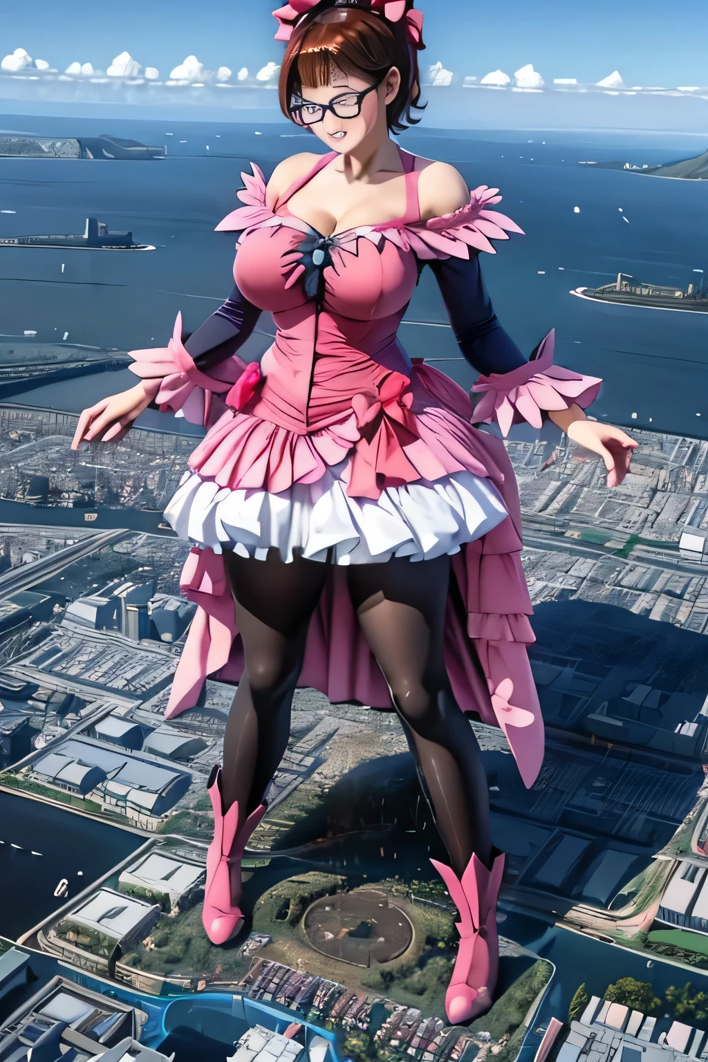 giantess art, highly detailed giantess shots, giantess, Two legs, Five fingers, short hair, A beautiful girl who is bigger than a skyscraper, Wearing rimless glasses, smile, huge breasts, pink dress, bow, magical girl, holding a magical wand, black pantyhose, pink stiletto heels, thunderbolt from a magical wand, Destroying cities, A very small big city, Miniature metropolis, Full body description, GTS, giga giantess, stomping city, crash city, tiny city, micro city, pantyhose feet, High resolution, highest quality, masterpiece, peeing self,