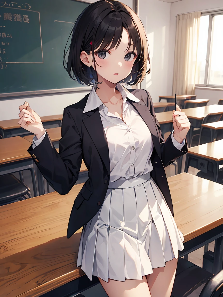 In one girl、fun、High school blazer with popular design、shirt、pleated skirt、white skirt、(small breasts ) en clase ,short hair, black eyes