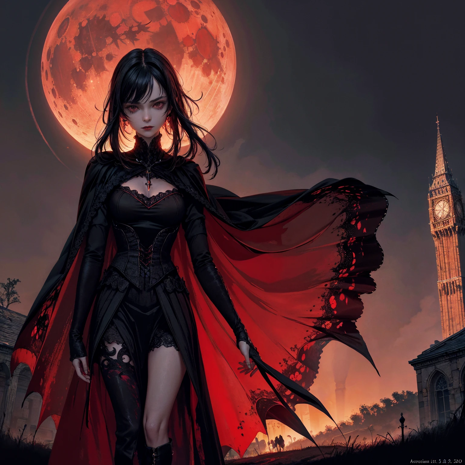 best quality, 4k, high resolution, masterpiece:1.2, Very detailed, actual:1.37, Mood lighting, Girl in a long cape, Wearing a tight gothic skirt that shows a little skin above the chest, Dangerous sneer, Black Hair, Standing, Face facing the camera, Curtsey, Crucified, Pitch black sky, Blood-red moon, strange atmosphere, Gothic style, Unforgettable beauty, Dramatic shadows, Ethereal Light, Mysterious atmosphere.