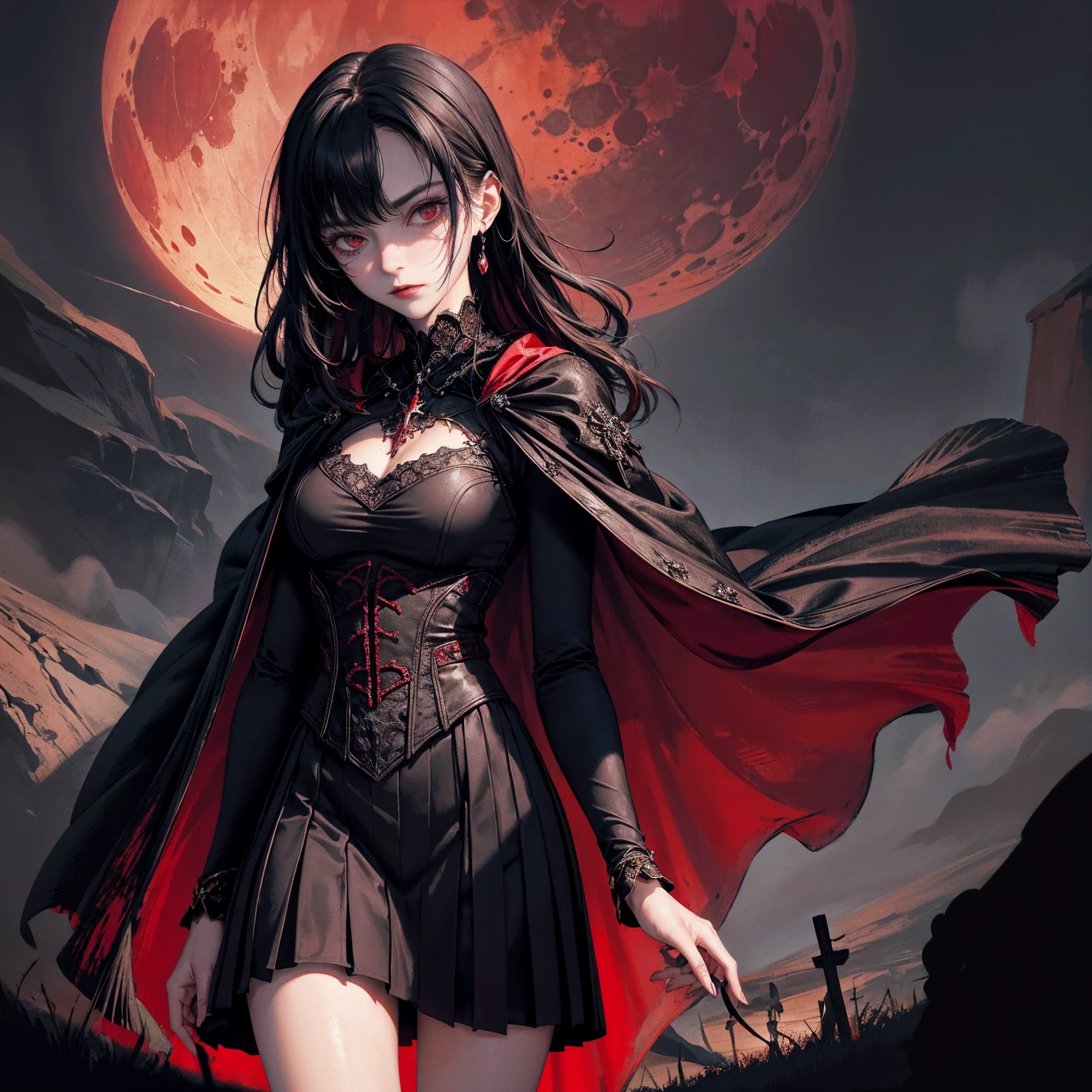 best quality, 4k, high resolution, masterpiece:1.2, Very detailed, actual:1.37, Mood lighting, Girl in a long cape, Wearing a tight gothic skirt that shows a little skin above the chest, Dangerous sneer, Black Hair, Standing, Face facing the camera, Curtsey, Crucified, Pitch black sky, Blood-red moon, strange atmosphere, Gothic style, Unforgettable beauty, Dramatic shadows, Ethereal Light, Mysterious atmosphere.
