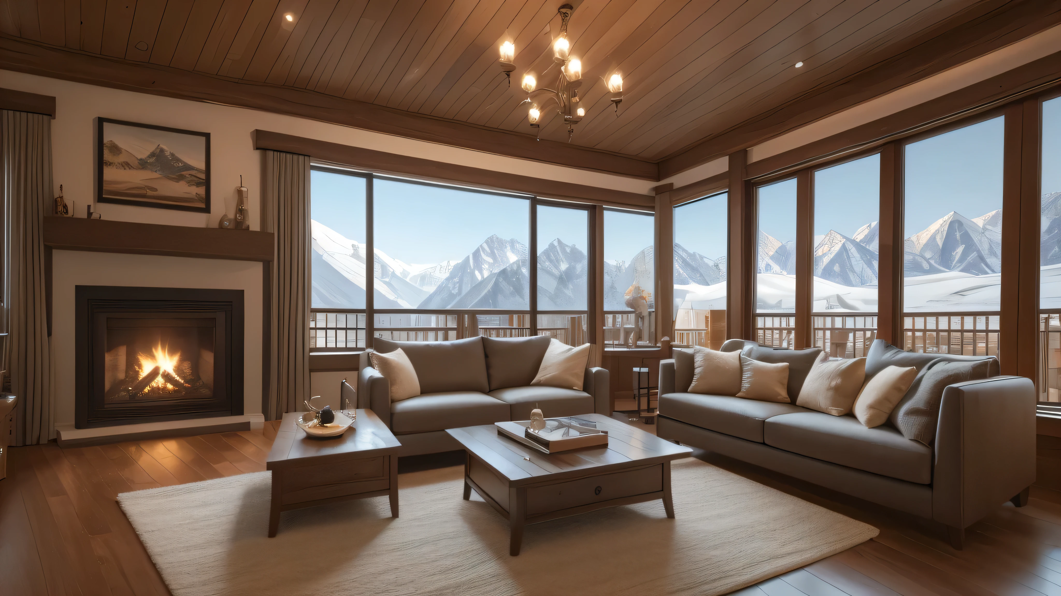 a living room with a fireplace,Enjoy the beautiful view of snow-capped mountains, Floor-to-ceiling windows,warmth,Digital rendering by Franz Hegi, Polycount competition winner, The art of math, Comfortable and peaceful atmosphere, Warm home background, cozy place, Unreal Engine ; Romantic Theme, comfortable and calm, comfortable environment, comfortable environment, highly realistic Unreal Engine, rendered in 8 k Unreal Engine