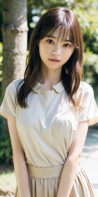 (RAW Photos, highest quality), (Realistic, Photorealistic:1.3), Tabletop, Very delicate and beautiful, Soft Light, (Brown Hair, Long wavy hair swaying in the wind, Asymmetrical bangs), Beautiful detailed girl, (Detailed fingers), Highly detailed eyes and face, Beautifully detailed nose, Beautiful fine details, 1 girl, Japanese, Pure beauty, cute, young, smile, Silk collar shirt, skirt, (Half Body:1.3), (Large breasts that cannot be hidden even with clothes、Sagging breasts that are obvious even when wearing clothes), The front of the shirt is open、You can see a little bit of your chest、Realistic face, Realistic body, Outdoor