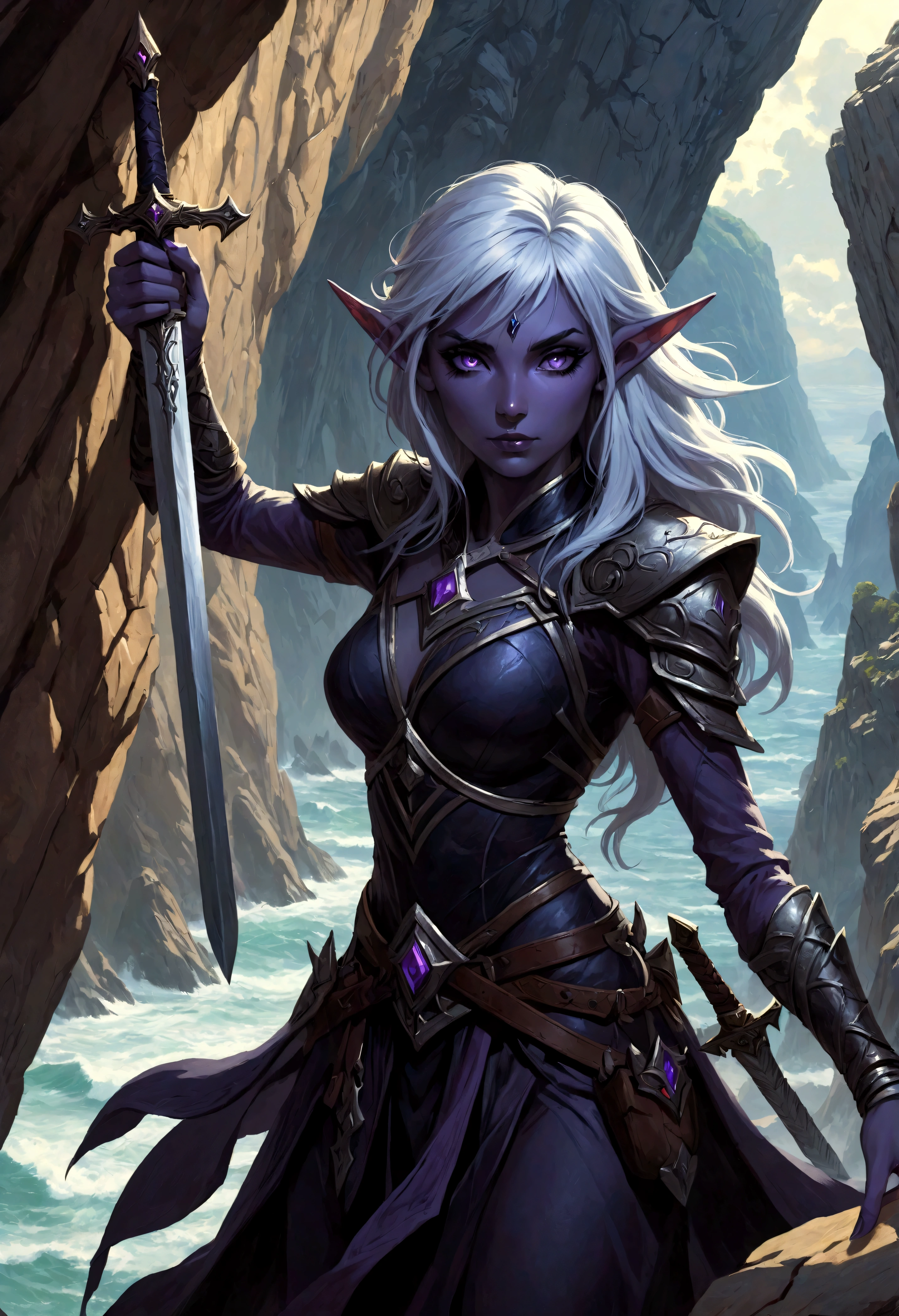 Close-up of a woman holding a sword near the rocks,climb岩，climb， Noah Bradley (Noah Bradley) Inspiring Portraits,Dark Elves，Drow，Dungeons &amp; Dragons，Magic Game，magic